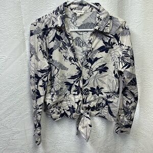 Panama Jack Womens Linen Button Up Top Size M Floral Tropical Tie Front Beach